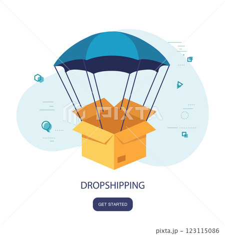 Drop shipping concept. Parachute in the sky delivering package to destination. Vector illustration in line art style 123115086
