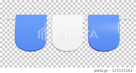 Party bunting 3d render with rounded bottom flags - alternating blue white semicircle pennants mounted on string. Decorative banners showcase glossy finish, smooth curves for celebration designs. 123115161