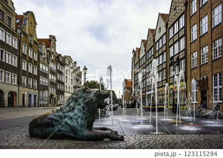 Four quarters fountain in Gdansk Poland. Lion sculptures and streets of the Gdansk downtown 123115294