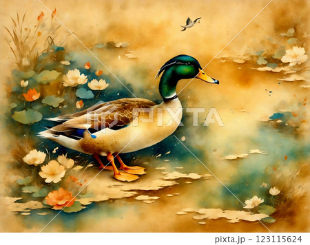 和風水彩画 金地 カモ 和風水彩画 金地 カモ 123115624