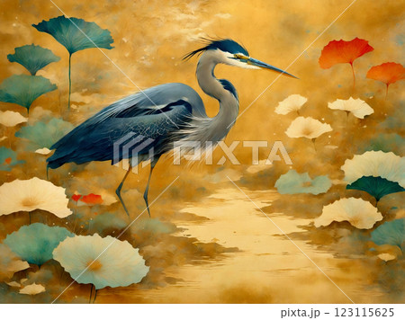 和風水彩画 金地 サギ 和風水彩画 金地 サギ 123115625