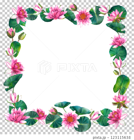 Pink water lily flowers with leaves and buds. Floral square frame with place for text. Hand drawn watercolor illustration of lotus on isolated background. Botanical drawing for spa or zen design. 123115638