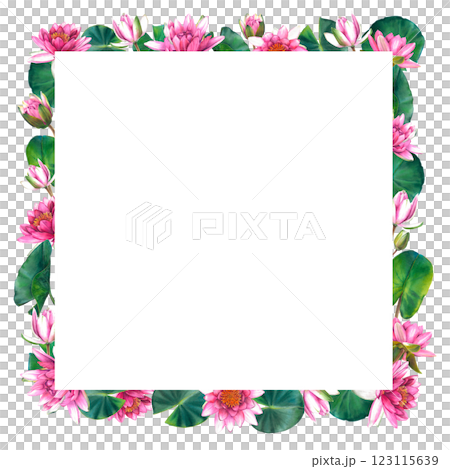 Floral square frame with pink water lily flowers, leaves and buds. Hand drawn watercolor illustration of lotus on isolated background. Bouquet of exotic greenery for spa, zen or wedding design. Floral square frame with pink water lily flowers, leaves and buds. Hand drawn watercolor illustration of lotus on isolated background. Bouquet of exotic greenery for spa, zen or wedding design. 123115639