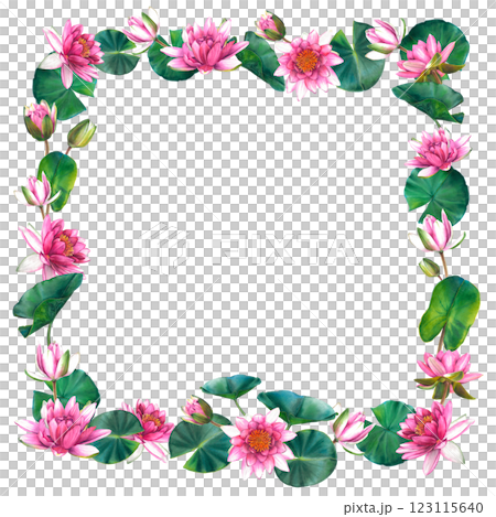 Pink water lily flowers with leaves and buds. Floral square frame with place for text. Hand drawn watercolor illustration of lotus on pink isolated background. Botanical drawing for spa or zen design. Pink water lily flowers with leaves and buds. Floral square frame with place for text. Hand drawn watercolor illustration of lotus on pink isolated background. Botanical drawing for spa or zen design. 123115640