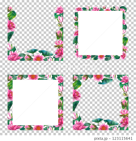 Set of floral square frames with pink water lily flowers, leaves and buds. Hand drawn watercolor illustration of lotus on isolated background. Bouquet of exotic greenery for spa, zen or wedding design Set of floral square frames with pink water lily flowers, leaves and buds. Hand drawn watercolor illustration of lotus on isolated background. Bouquet of exotic greenery for spa, zen or wedding design 123115641
