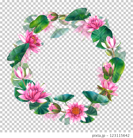 Wreath with beautiful pink lotus flowers, leaves and buds. Hand drawn watercolor botanical illustration of water lilies on white isolated background. Floral backdrop for spa, zen or wedding design. Wreath with beautiful pink lotus flowers, leaves and buds. Hand drawn watercolor botanical illustration of water lilies on white isolated background. Floral backdrop for spa, zen or wedding design. 123115642