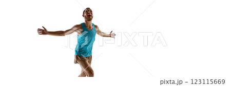 Banner. Marathoner bursting through finish line, face filled with excitement and arms wide in triumph against white background with copy space. Banner. Marathoner bursting through finish line, face filled with excitement and arms wide in triumph against white background with copy space. 123115669