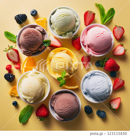 Vibrant Ice Cream Scoops with Fresh Fruits 123115830