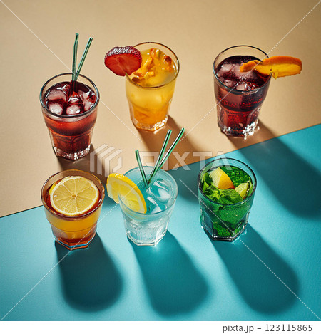 Vibrant Beverages in Tall Glasses Display 123115865