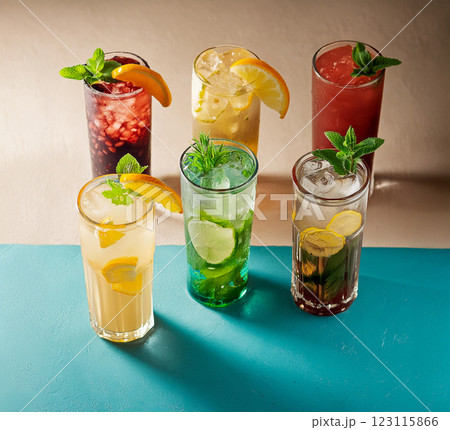 Vibrant Beverages in Tall Glasses Display 123115866