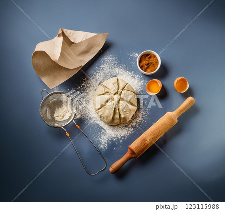 Baking Ingredients Spread on Blue Tabletop Baking Ingredients Spread on Blue Tabletop 123115988