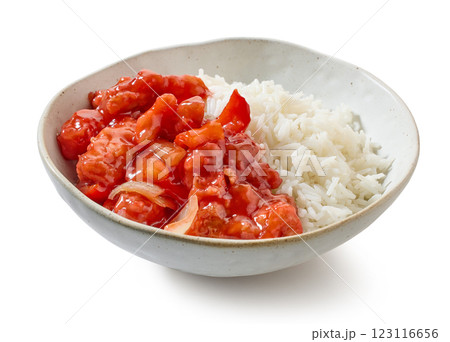bowl of basmati rice with red sweet and sour chicken sauce bowl of basmati rice with red sweet and sour chicken sauce 123116656