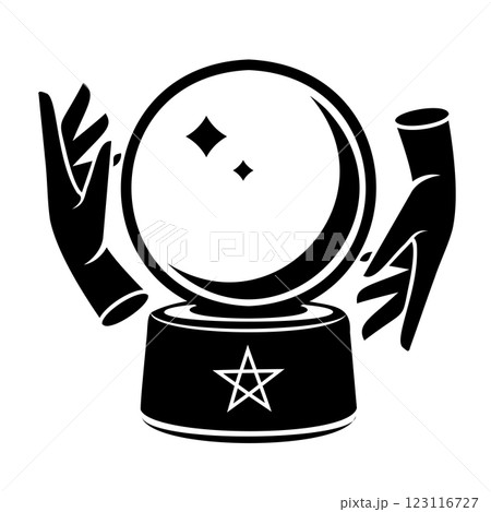 Hand drawn magic crystal ball with crescent moon and stars line art and dot work. Boho chic tattoo, poster or altar veil print design illustration Hand drawn magic crystal ball with crescent moon and stars line art and dot work. Boho chic tattoo, poster or altar veil print design illustration 123116727