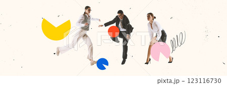 Modern art collage. Three professionals in motion interacting with charts, symbolizing business competition and market strategies. 123116730