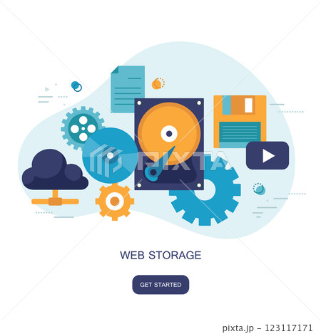 Web storage concept. Cloud computing concept. Work desk with computer technology, cell phones and tablets. Flat vector illustration Web storage concept. Cloud computing concept. Work desk with computer technology, cell phones and tablets. Flat vector illustration 123117171