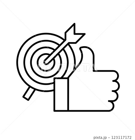 Well done outline concept vector icon. Thumb up and target line icon, vector pictogram of approve. Best choice illustration, sign for vote. Business success. Well done outline concept vector icon. Thumb up and target line icon, vector pictogram of approve. Best choice illustration, sign for vote. Business success. 123117172