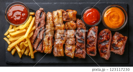 Top view of delicious platter of grilled meats accompanied by fries and sauces in rustic setting 123117230
