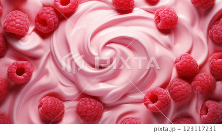 Overhead of swirling raspberry cream with fresh fruit creates delightful dessert experience 123117231