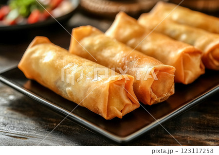 Close-up of crispy spring rolls served on black plate with fresh vegetables at dining table 123117258
