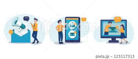E-mail marketing and promotion illustration set. Characters sending advertising mails and promotional offers with sales and discounts. Ecommerce business concept. Vector illustration. 123117313