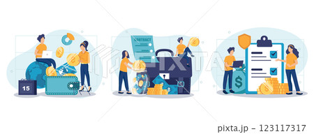 Employee benefits package concept set. Compensation supplementing employee's salary. Worker advantages: overtime, medical insurance, vacation and retirement benefits. Flat vector illustration 123117317