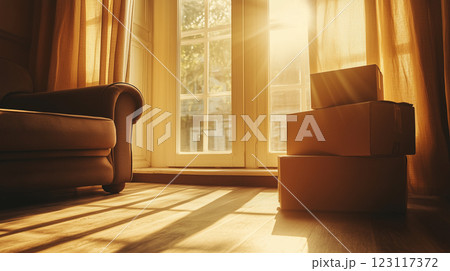 Warm afternoon sunlight on cardboard boxes in cozy living room. Home moving, apartment rent, delivery concepts 123117372