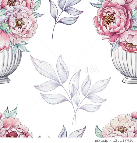 Soft pastel flowers radiate beauty, displayed in ornate vases against a clean, white backdrop, embodying tranquility and grace seamless pattern, background Soft pastel flowers radiate beauty, displayed in ornate vases against a clean, white backdrop, embodying tranquility and grace seamless pattern, background 123117416