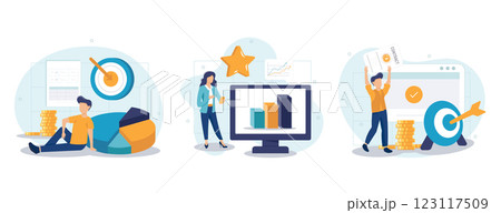 Business goals illustration set. Characters setting task, goal and target to achieve, planning action and way to success. Personal development and self motivation concept. Vector illustration. 123117509