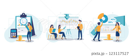 Master of Science in finance isolated cartoon vector illustrations set. Group of diverse people making business plan together, budget planning, study investment banking, management vector cartoon. 123117527