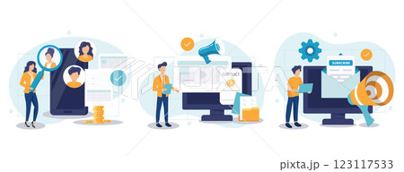 Campaign tracking and analysis abstract concept vector illustration set. Marketing campaign management, video content, email marketing, social media metrics, audience engagement abstract metaphor. Campaign tracking and analysis abstract concept vector illustration set. Marketing campaign management, video content, email marketing, social media metrics, audience engagement abstract metaphor. 123117533