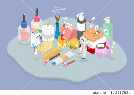 3D Isometric Flat Vector Illustration of Spa Hygiene Procedures, Accessorizes for Bath, Shower and Health Care 3D Isometric Flat Vector Illustration of Spa Hygiene Procedures, Accessorizes for Bath, Shower and Health Care 123117623