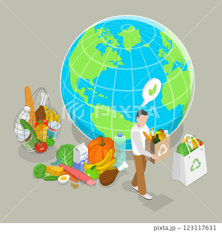 3D Isometric Flat Vector Illustration of Eco Friendly Shopping, Promoting Environmental Sustainability 123117631