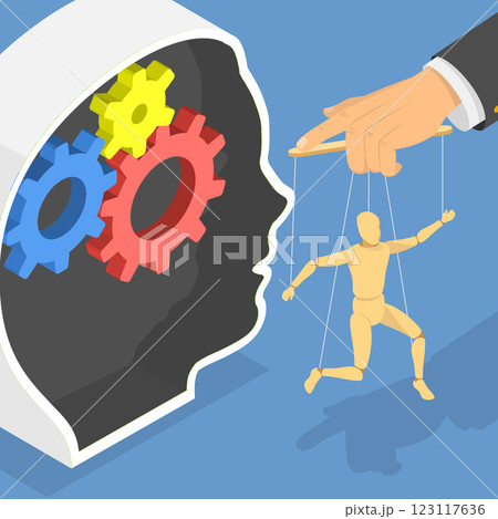 3D Isometric Flat Vector Illustration of Manipulator , Puppet Master Control Over Mans Mind Using Mental Manipulation Ropes 123117636