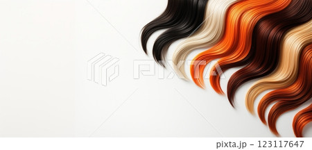 Different colors of synthetic hair extensions arranged on white background for hairstyling 123117647