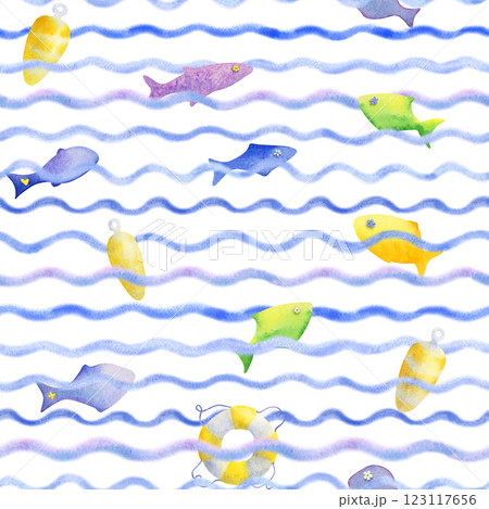Seamless hand drawn playful marine sea watercolor pattern with colorful fish and lifebuoy on white background. Perfect for design templates, wallpaper, wrapping, fabric, textile and decoration. 123117656