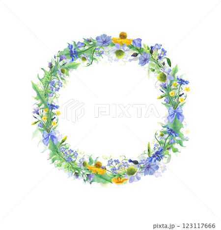 Wild flowers  wreath. Elegant floral frame with blue, yellow and white flowers and green leaves. Hand drawn watercolor isolated on white background. Design for invitation, wedding or greeting cards 123117666