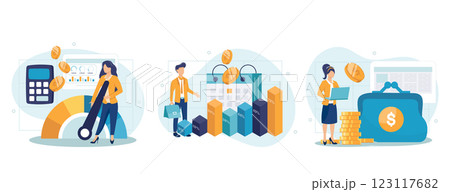 Cost optimization concept set. Idea of financial and marketing strategy. Cost and income balance. Spending and cost reduction, while maximizing business value. Isolated flat illustration vector Cost optimization concept set. Idea of financial and marketing strategy. Cost and income balance. Spending and cost reduction, while maximizing business value. Isolated flat illustration vector 123117682