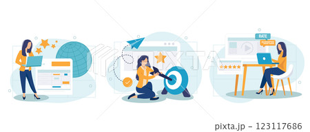 Customer behavior analysis abstract concept vector illustration set. Data driven marketing, user feedback and website rating, online survey, user data, marketing research tool abstract metaphor.	 123117686