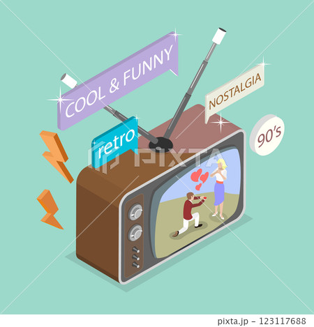 3D Isometric Flat Vector Illustration of Retro TV, 90s Television Poster 3D Isometric Flat Vector Illustration of Retro TV, 90s Television Poster 123117688