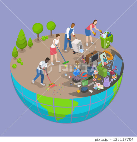 3D Isometric Flat Vector Illustration of Saving Planet, People Cleaning Garbage on Earth Area 123117704
