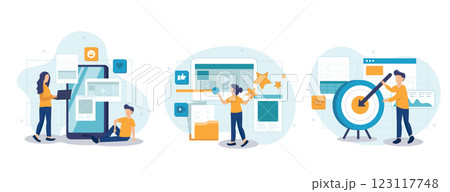 Customer behavior analysis abstract concept vector illustration set. Data driven marketing, user feedback and website rating, online survey, user data, marketing research tool abstract metaphor.	 123117748