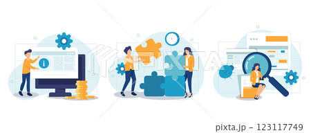 Customer experience abstract concept vector illustration set. Beta testing, project delivery, user guide, software development, new product launch, technical guide, helpdesk abstract metaphor. 123117749