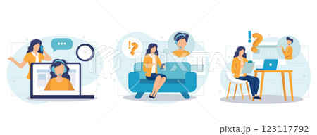 Customer support illustration collection. Characters using online helpdesk platform. People asking a questions and receiving answers from helpdesk or call center operator. Vector illustration.	 123117792