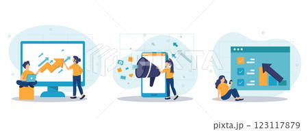 Digital marketing and promotion illustration set. Characters analyzing graph, charts and planning marketing strategy to achieve business goals. Business concept. Vector illustration. Digital marketing and promotion illustration set. Characters analyzing graph, charts and planning marketing strategy to achieve business goals. Business concept. Vector illustration. 123117879