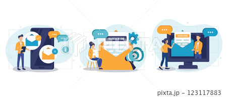 E-mail marketing and promotion illustration set. Characters sending advertising mails and promotional offers with sales and discounts. Ecommerce business concept. Vector illustration. E-mail marketing and promotion illustration set. Characters sending advertising mails and promotional offers with sales and discounts. Ecommerce business concept. Vector illustration. 123117883