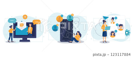 E-mail marketing and promotion illustration set. Characters sending advertising mails and promotional offers with sales and discounts. Ecommerce business concept. Vector illustration. E-mail marketing and promotion illustration set. Characters sending advertising mails and promotional offers with sales and discounts. Ecommerce business concept. Vector illustration. 123117884