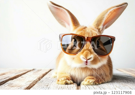 Fluffy Domestic Rabbit with Long Ears Wearing Stylish Sunglasses Against a Light Background Fluffy Domestic Rabbit with Long Ears Wearing Stylish Sunglasses Against a Light Background 123117908
