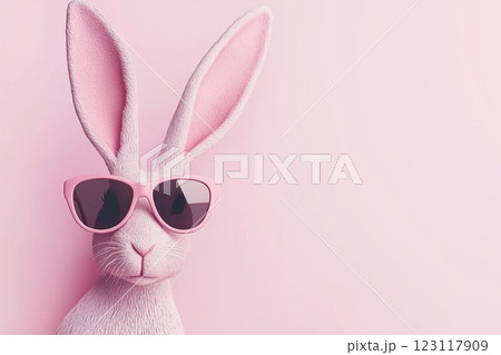 Fluffy Domestic Rabbit with Long Ears Wearing Stylish Sunglasses on a Soft Pink Background 123117909