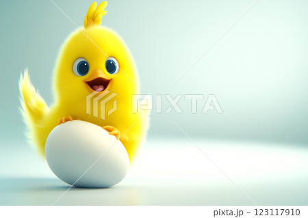 A Cute Little Yellow Chick Emerging from a White Egg on a Soft Blue Background 123117910