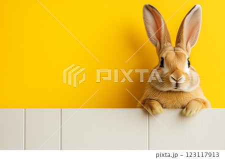 Cute Bunny Rabbit Peeking Over White Wall on Bright Yellow Background for Spring Celebration 123117913